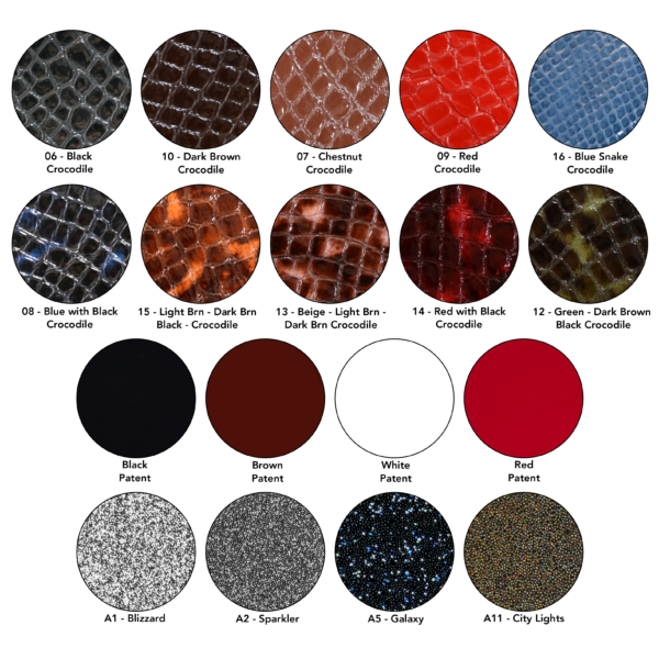 Colour swatches of the specialty leathers available for bridles
