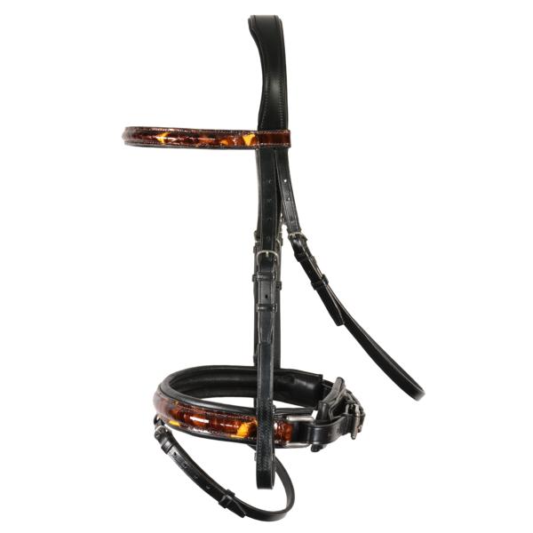 Photo of Black Snaffle Bridle with Orange/Brown Crocodile Specialty Leather on Browband and Noseband