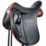 Quartet - Black with Buffalo Print Flaps/Skirts - Red Welting & Stitching, Facing, Backroll, Stirrup Loop & 1/2 Moon