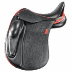 Quartet - Black with Buffalo Print Flaps/Skirts - Red Welting & Stitching, Facing, Backroll, Stirrup Loop & 1/2 Moon