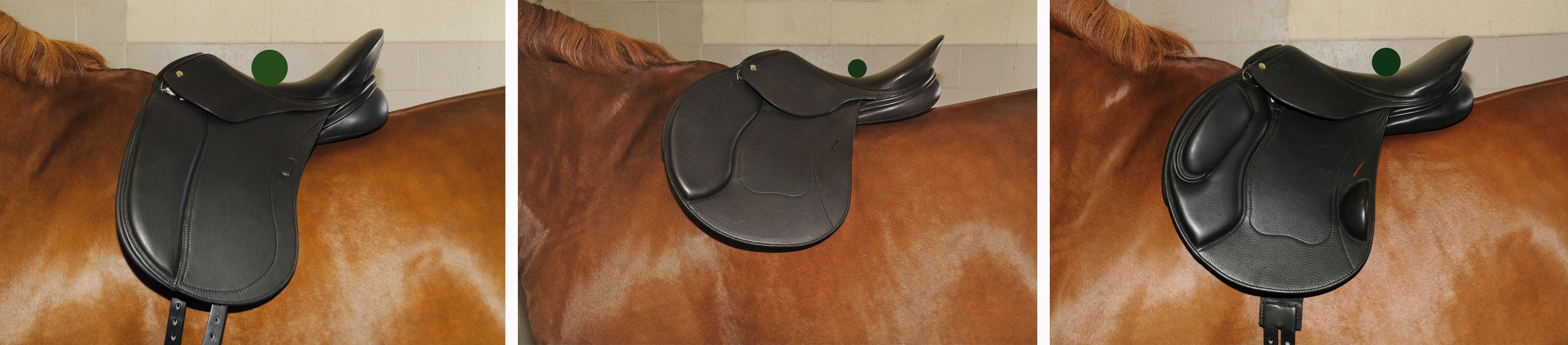 Left: Dressage saddle with center of balance slightly more forward. Center: Jumping saddle with center of balance more to the rear. Right: Eventing saddle for cross-country with balance point more to the rear.